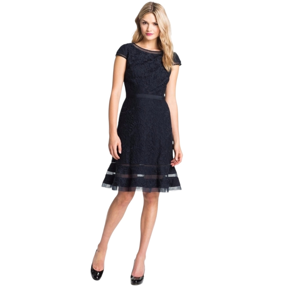 Adrianna Papell Women's Navy Embroidered Lace A-Line Fit & Flare Dress